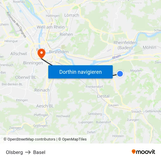Olsberg to Basel map