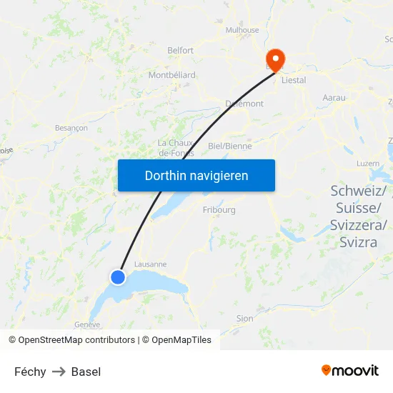 Féchy to Basel map