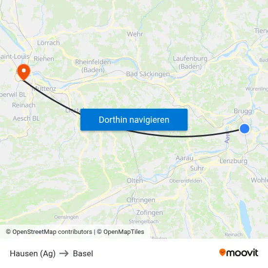 Hausen (Ag) to Basel map