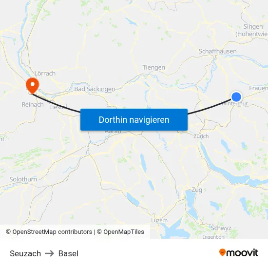 Seuzach to Basel map