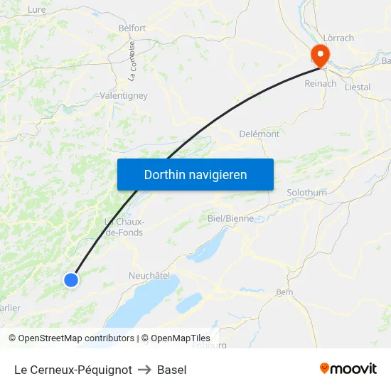 Le Cerneux-Péquignot to Basel map