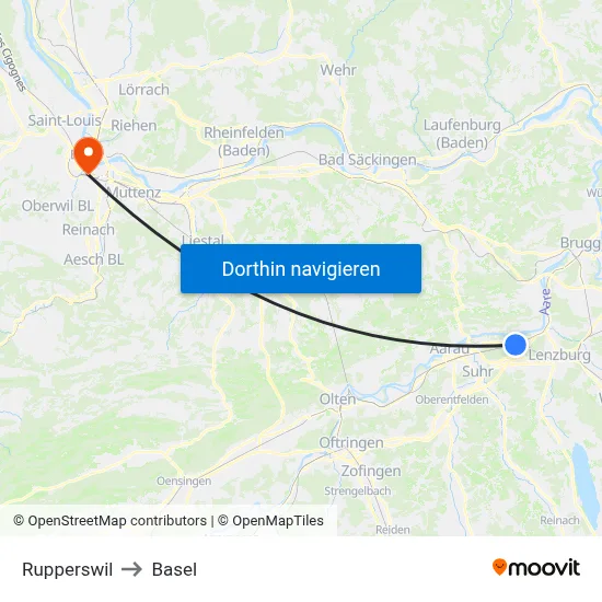 Rupperswil to Basel map