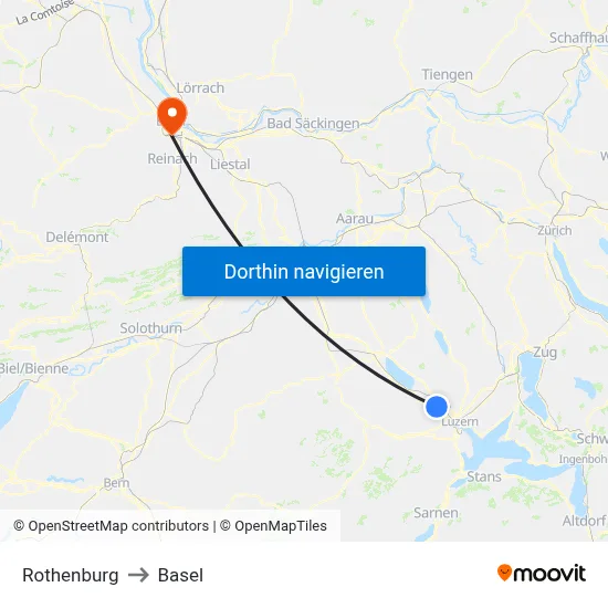 Rothenburg to Basel map