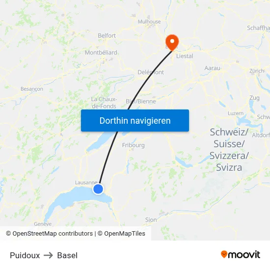 Puidoux to Basel map