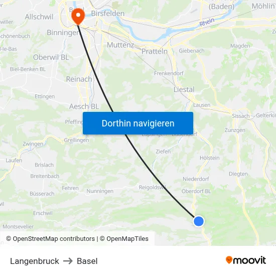 Langenbruck to Basel map