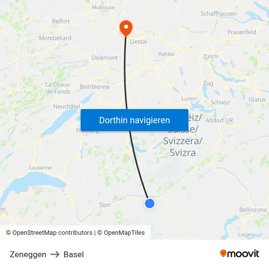 Zeneggen to Basel map