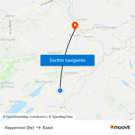 Rapperswil (Be) to Basel map