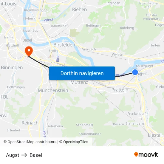 Augst to Basel map