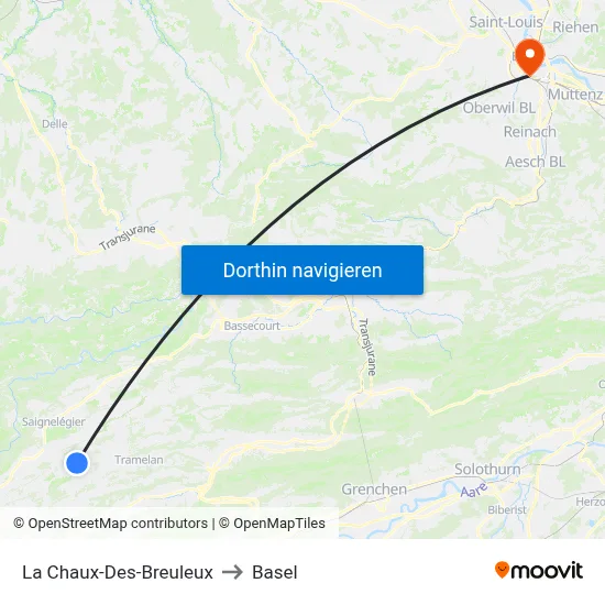 La Chaux-Des-Breuleux to Basel map