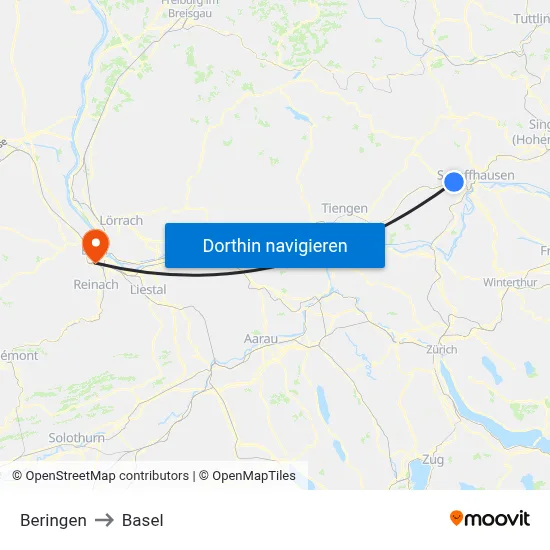 Beringen to Basel map