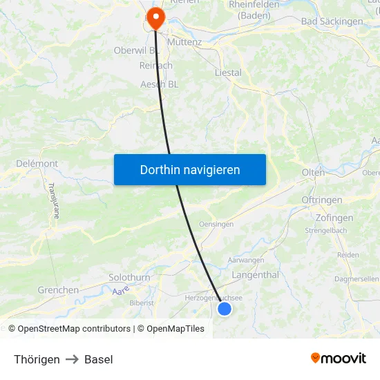 Thörigen to Basel map