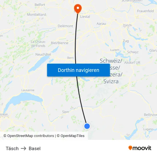 Täsch to Basel map