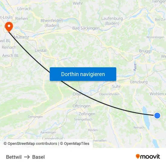 Bettwil to Basel map