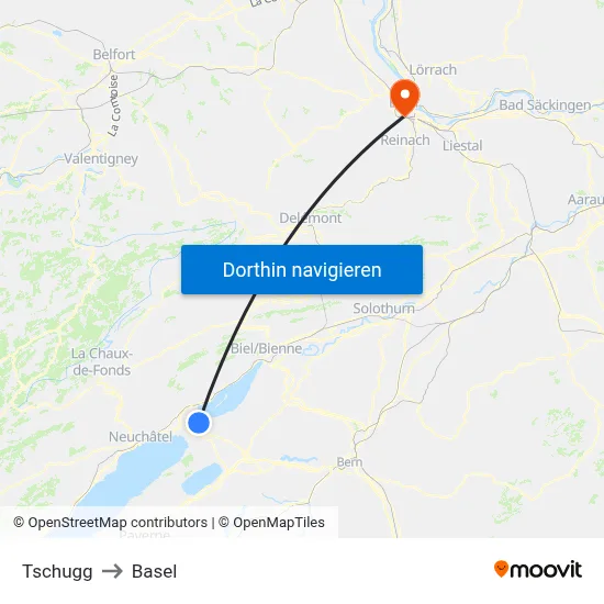 Tschugg to Basel map