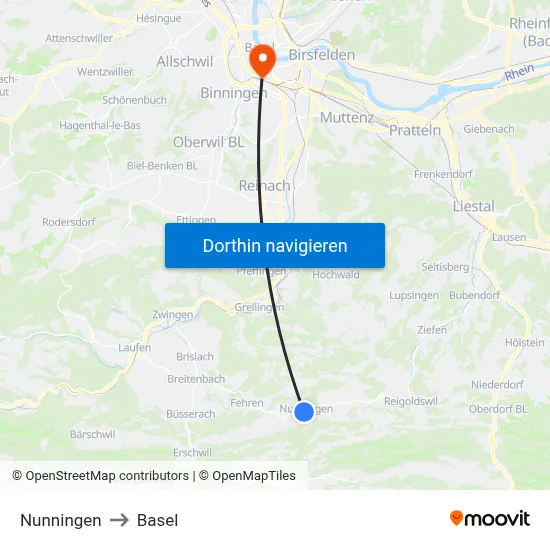 Nunningen to Basel map