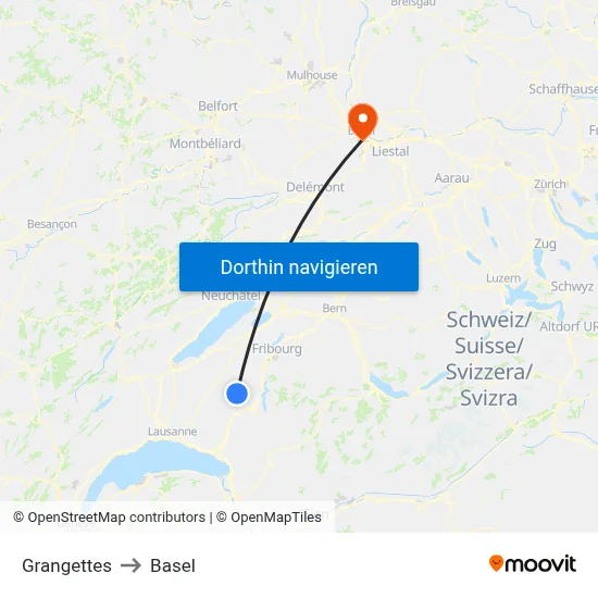 Grangettes to Basel map