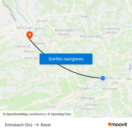 Erlinsbach (So) to Basel map