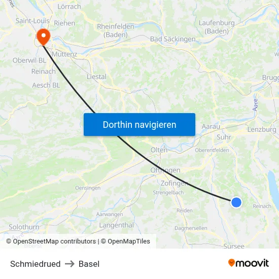Schmiedrued to Basel map