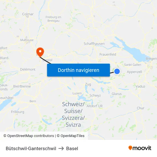 Bütschwil-Ganterschwil to Basel map