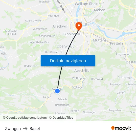 Zwingen to Basel map