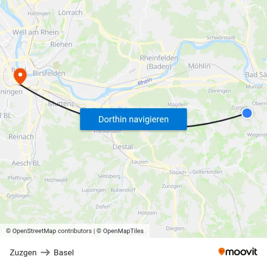 Zuzgen to Basel map