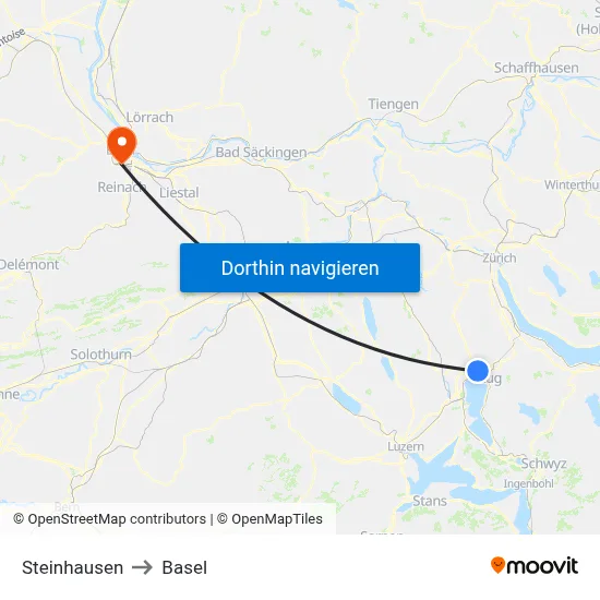 Steinhausen to Basel map