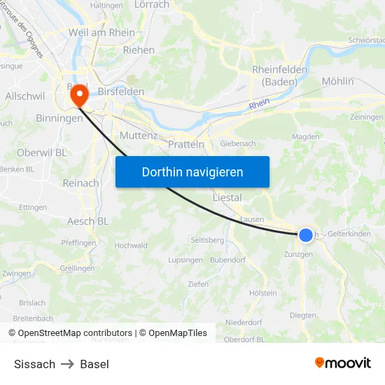 Sissach to Basel map