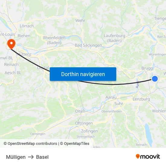 Mülligen to Basel map