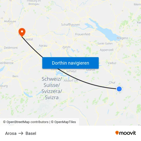 Arosa to Basel map