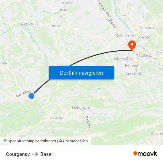 Courgenay to Basel map