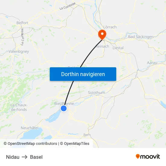Nidau to Basel map