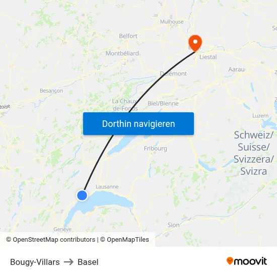 Bougy-Villars to Basel map