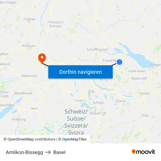Amlikon-Bissegg to Basel map