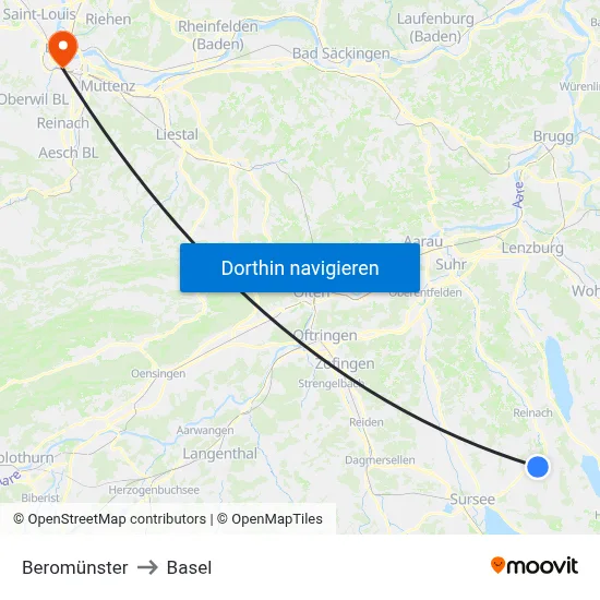 Beromünster to Basel map