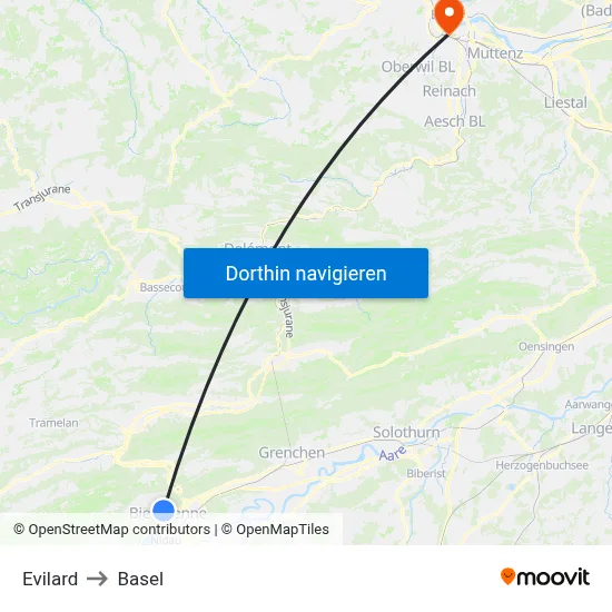 Evilard to Basel map