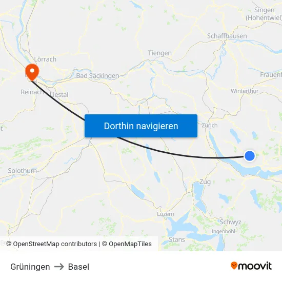 Grüningen to Basel map