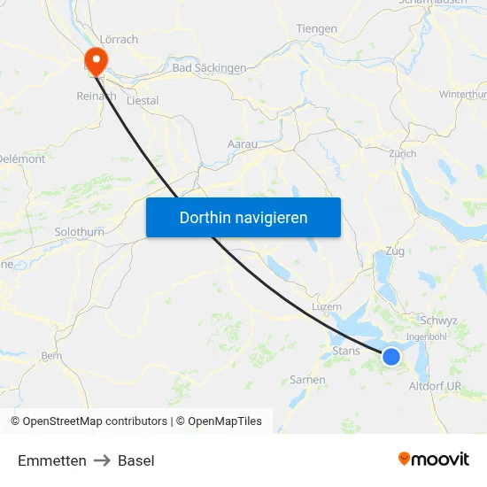 Emmetten to Basel map