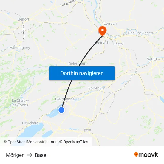 Mörigen to Basel map
