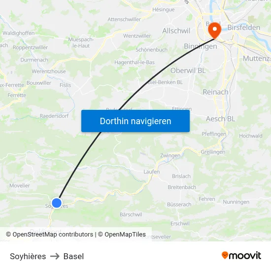 Soyhières to Basel map