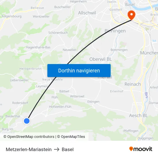 Metzerlen-Mariastein to Basel map