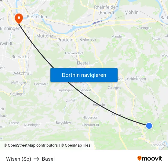 Wisen (So) to Basel map