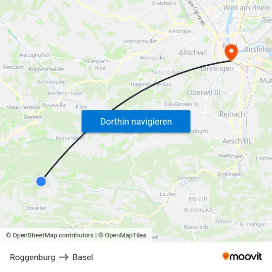 Roggenburg to Basel map