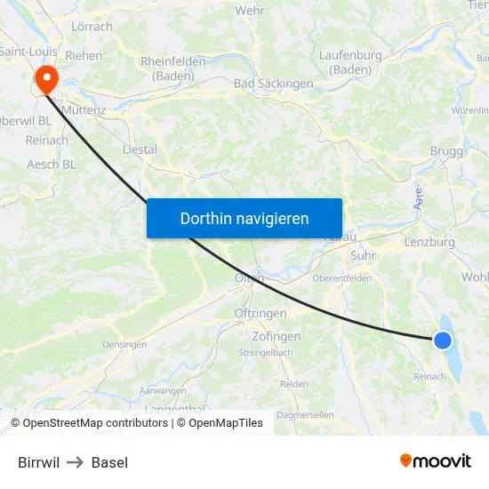 Birrwil to Basel map