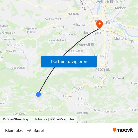 Kleinlützel to Basel map