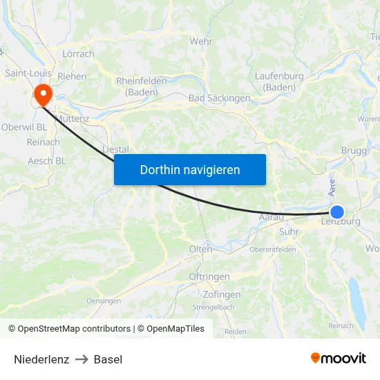 Niederlenz to Basel map
