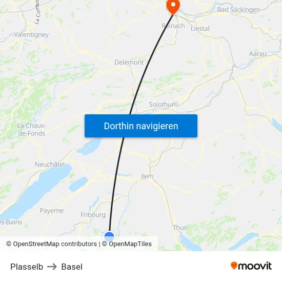 Plasselb to Basel map