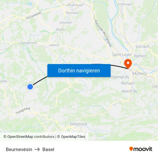 Beurnevésin to Basel map