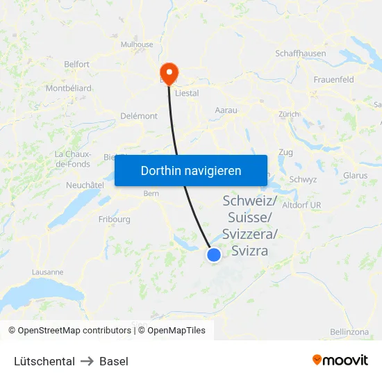 Lütschental to Basel map