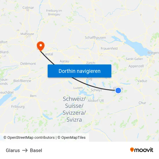 Glarus to Basel map