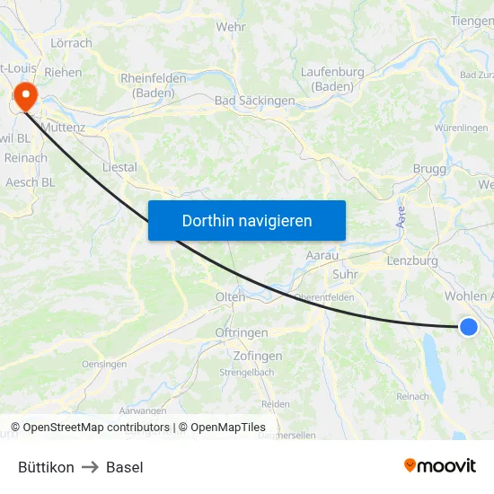 Büttikon to Basel map